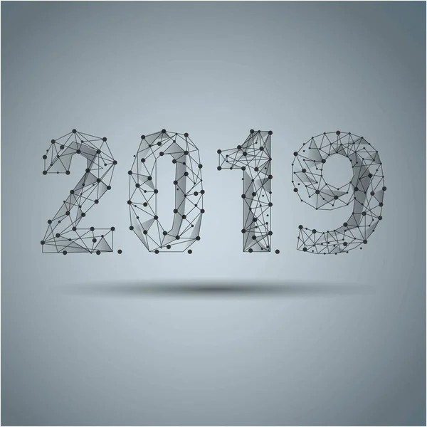 Geometrik poligonal 2019 yeni yıl tebrik kartı. Düşük poli üçgen geleceğin teknolojisi gri arka plan. Kurumsal iş tasarlamak vektör