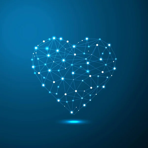 Soyut kalp simgesi şeklinde çizgiler ve noktalar, çizgiler ve şekiller gezegenler, yıldızlar ve evrenin şeklinde oluşan düşük poli tarzı üçgenler