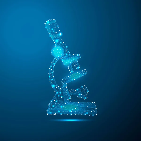 düşük Poly tarzında noktalar, çizgiler ve gezegenler, yıldızlar ve evren şeklinde şekiller oluşan mikroskop simgesi