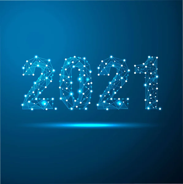 Geometrik çokgen 2021 Yeni Yıl tebrik kartı. Düşük polyester üçgen gelecekteki teknoloji arka planı. Kurumsal iş tasarımı vektör çizimi