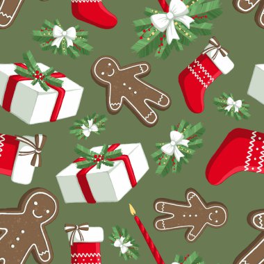 Christmas illüstrasyon desenle süslemeleri, çorap, hediyeler, zencefilli kurabiye adam. İçin kullanma üstünde kartpostallar, duvar kağıtları, tekstil, scrapbooking