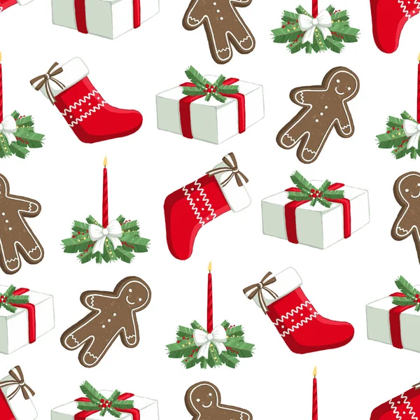 Christmas illüstrasyon desenle süslemeleri, çorap, hediyeler, zencefilli kurabiye adam. İçin kullanma üstünde kartpostallar, duvar kağıtları, tekstil, scrapbooking