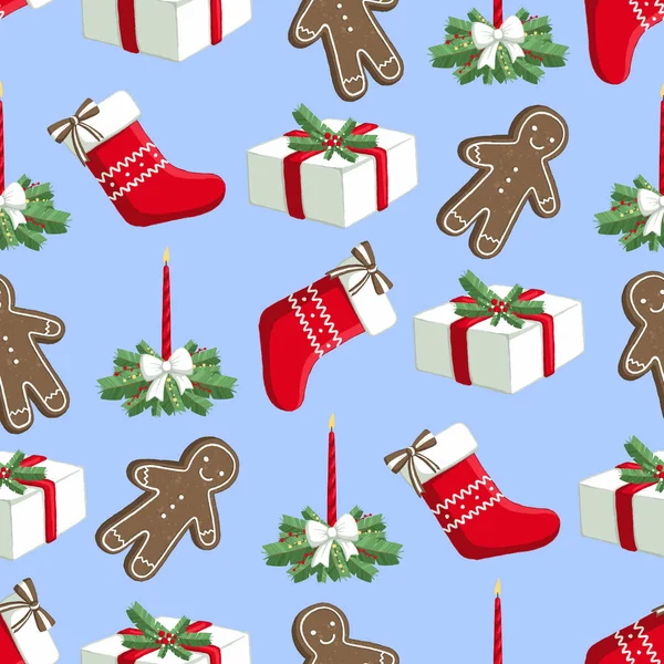 Christmas illustration pattern with decorations, sock, gifts, gingerbread man. For use on postcards, wallpapers, textiles, scrapbooking