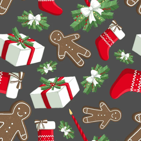 Christmas illustration pattern with decorations, sock, gifts, gingerbread man. For use on postcards, wallpapers, textiles, scrapbooking