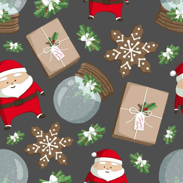 Christmas illüstrasyon desenle dekorasyonlar, Noel Baba, hediyeler, zencefilli ve kartopu. İçin kullanma üstünde kartpostallar, duvar kağıtları, tekstil, scrapbooking