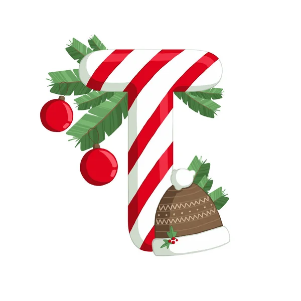 Noel alfabe. Ağaç, kurabiye ve süslemeleri ile T harfinin Illustration. İçin kullanma üstünde kartpostallar, duvar kağıtları, tekstil, scrapbooking