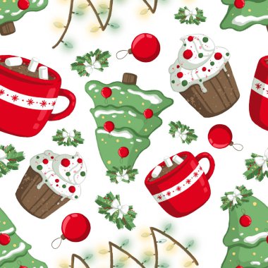 Christmas illüstrasyon desenle süslemeleri, kakao, ışıklar, capcake ve Noel ağacı. Kullanım kartpostallar, duvar kağıtları, tekstil, scrapbooking, dekorasyon, davetiyeler, arka plan, tatil için.