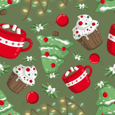 Christmas illüstrasyon desenle süslemeleri, kakao, ışıklar, capcake ve Noel ağacı. Kullanım kartpostallar, duvar kağıtları, tekstil, scrapbooking, dekorasyon, davetiyeler, arka plan, tatil için.