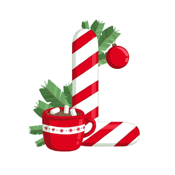 Noel alfabe. L harfi ağaç, kakao ve süslemeleri Illustration. Kullanım kartpostallar, duvar kağıtları, tekstil, scrapbooking, dekorasyon, davetiyeler, arka plan, tatil için.