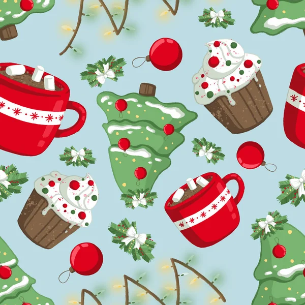 Christmas illüstrasyon desenle süslemeleri, kakao, ışıklar, capcake ve Noel ağacı. Kullanım kartpostallar, duvar kağıtları, tekstil, scrapbooking, dekorasyon, davetiyeler, arka plan, tatil için.