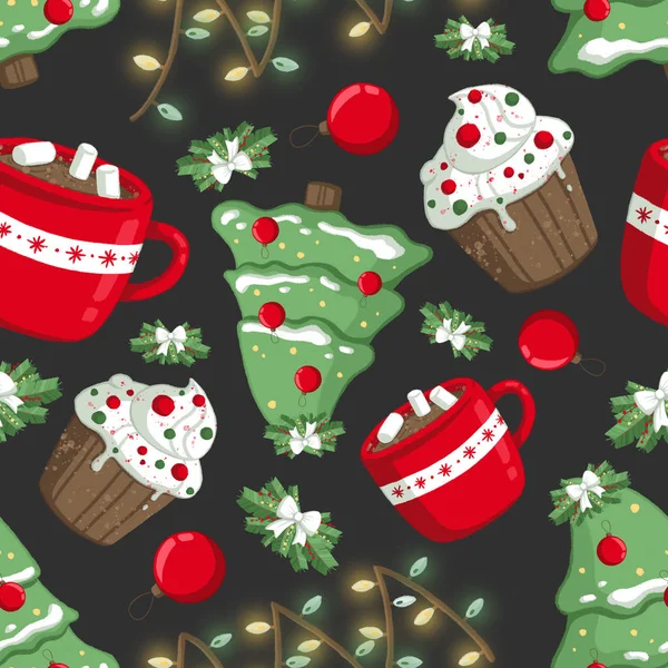 Christmas illüstrasyon desenle süslemeleri, kakao, ışıklar, capcake ve Noel ağacı. Kullanım kartpostallar, duvar kağıtları, tekstil, scrapbooking, dekorasyon, davetiyeler, arka plan, tatil için.