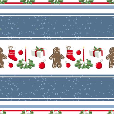 Christmas illüstrasyon desenle süslemeleri, çorap, hediyeler, zencefilli kurabiye adam. Kullanım kartpostallar, duvar kağıtları, tekstil, scrapbooking, dekorasyon, davetiyeler, arka plan, tatil için.