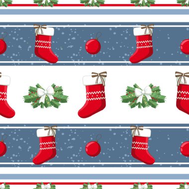 Christmas illüstrasyon desenle süslemeleri, çorap, ağaç. Kullanım kartpostallar, duvar kağıtları, tekstil, scrapbooking, dekorasyon, davetiyeler, arka plan, tatil için.