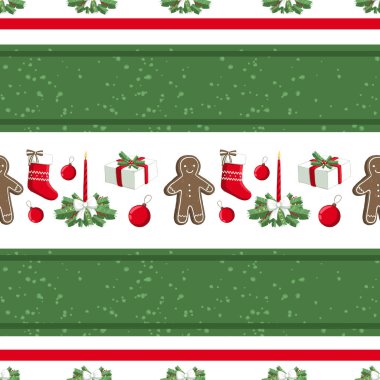 Christmas illüstrasyon desenle süslemeleri, çorap, hediyeler, zencefilli kurabiye adam. Kullanım kartpostallar, duvar kağıtları, tekstil, scrapbooking, dekorasyon, davetiyeler, arka plan, tatil için.