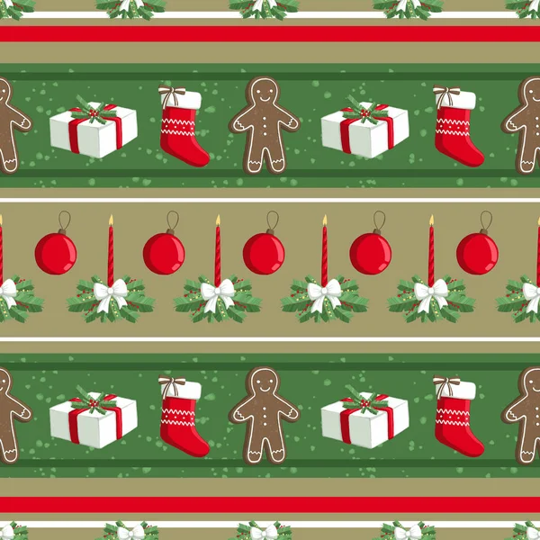 Christmas illustration pattern with decorations, sock, gifts, gingerbread man. use for postcards, wallpapers, textiles, scrapbooking, decoration, invitations, background, holiday.
