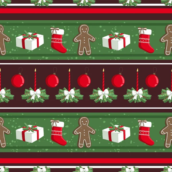 Christmas illustration pattern with decorations, sock, gifts, gingerbread man. use for postcards, wallpapers, textiles, scrapbooking, decoration, invitations, background, holiday.