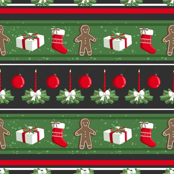 Christmas illüstrasyon desenle süslemeleri, çorap, hediyeler, zencefilli kurabiye adam. Kullanım kartpostallar, duvar kağıtları, tekstil, scrapbooking, dekorasyon, davetiyeler, arka plan, tatil için.