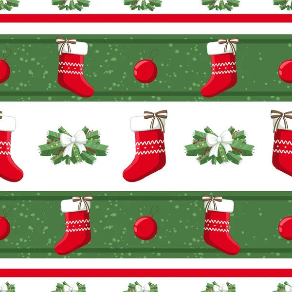 Christmas illustration pattern with decorations, sock, tree. use for postcards, wallpapers, textiles, scrapbooking, decoration, invitations, background, holiday.