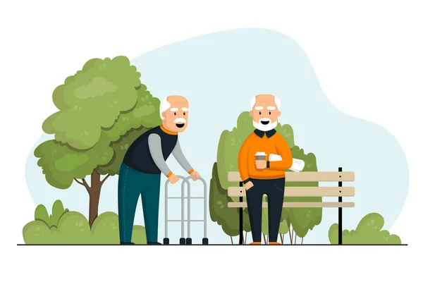 Parkta yürüyen yaşlı adamlar. bir yürüteç ile gülümseyen dedesi. Bir fincan kahve ve bir gazete ile mutlu neşeli dedesi. yeşil bir parkta erkekler, dükkan, yeşil ağaçlar ve çalılar. mutlu yaşlılık.