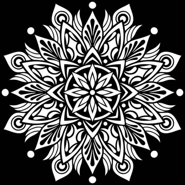 Siyah şablon karalamalarda beyaz mandala deseni iyi bir ruh hali çizer