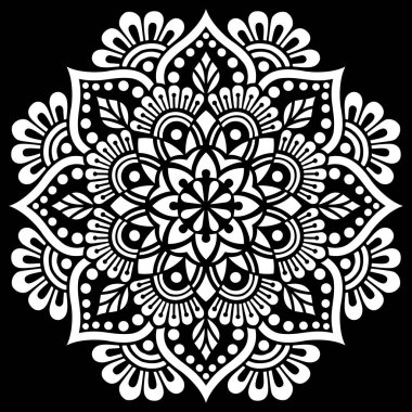 Siyah şablon karalamalarda beyaz mandala deseni iyi bir ruh hali çizer