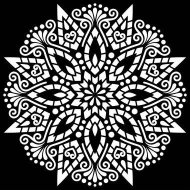Siyah şablon karalamalarda beyaz mandala deseni iyi bir ruh hali çizer