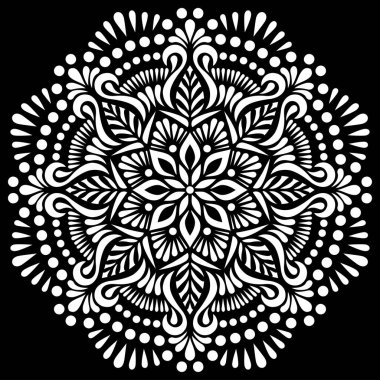 Siyah şablon karalamalarda beyaz mandala deseni iyi bir ruh hali çizer