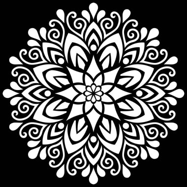 Siyah şablon karalamalarda beyaz mandala deseni iyi bir ruh hali çizer