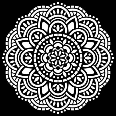 Siyah şablon karalamalarda beyaz mandala deseni iyi bir ruh hali çizer