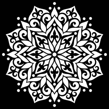 Siyah şablon karalamalarda beyaz mandala deseni iyi bir ruh hali çizer