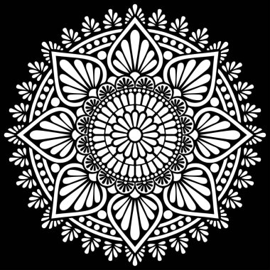 Siyah şablon karalamalarda beyaz mandala deseni iyi bir ruh hali çizer