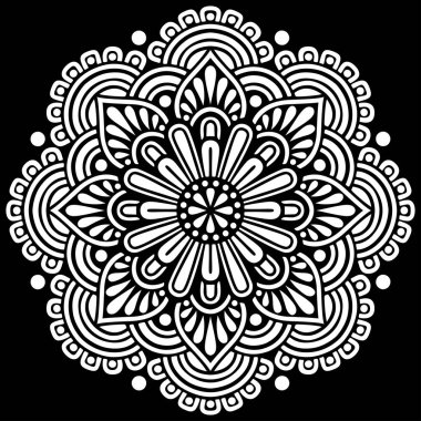 Siyah şablon karalamalarda beyaz mandala deseni iyi bir ruh hali çizer