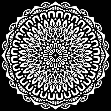 Siyah şablon karalamalarda beyaz mandala deseni iyi bir ruh hali çizer
