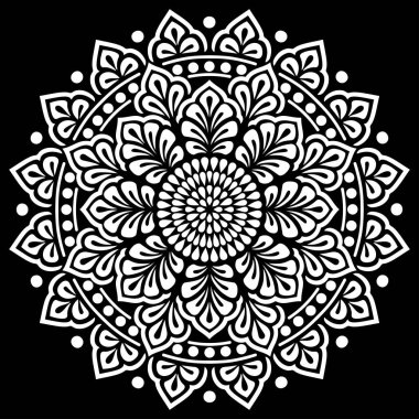 Siyah şablon karalamalarda beyaz mandala deseni iyi bir ruh hali çizer