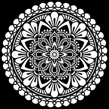 Siyah Desenli Şablon Çizimleri Üzerine Beyaz Mandala