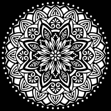 Siyah Desenli Şablon Çizimleri Üzerine Beyaz Mandala