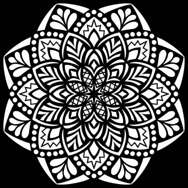 Siyah Desenli Şablon Çizimleri Üzerine Beyaz Mandala