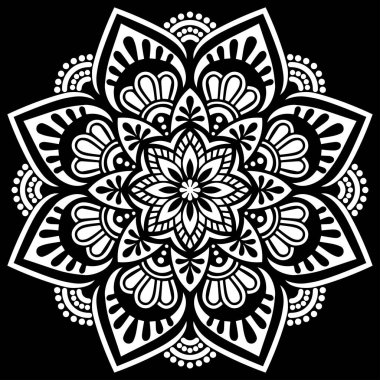 Siyah Desenli Şablon Çizimleri Üzerine Beyaz Mandala
