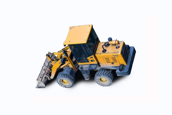 Dirty and dusty front loader (view from above), isolated on white background. Universal self-propelled special equipment designed to capture, load and transport various materials.
