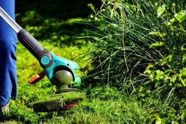 Hayatın basit anları, bahçede sıradan iş - adam bahçede ağır kırpma ile çim kırpma, uzun çim kenarları ve daha büyük zor erişim alanları kırpma için uygun