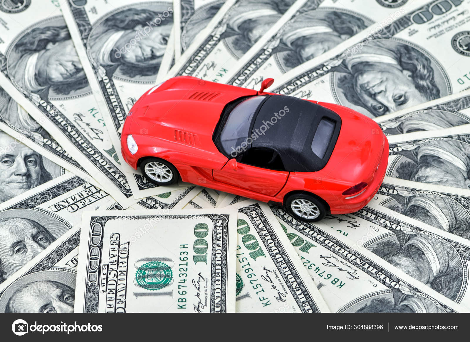 Concept Toy Red Car Pot Money Dollar Bills Good Time Stock Photo