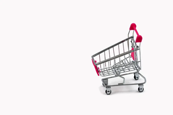 Маленькая Корзина Покупок Белом Фоне Мини Супермаркет Тележки Изолированы Белом — стоковое фото