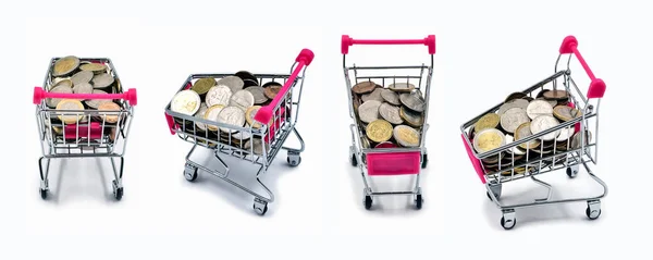 Variatie Van Kleine Winkelwagentje Mini Supermarkt Trolley Geïsoleerd Witte Achtergrond — Stockfoto