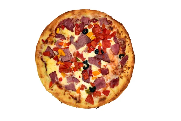 Pizza Con Carne Ahumada Salsa Queso Carne Ahumada Tomates Cherry — Foto de Stock