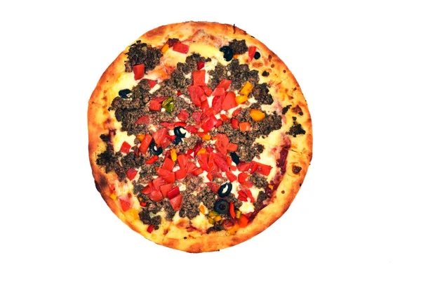 Pizza Mit Hackfleisch Sauce Käse Hackfleisch Tomaten Paprika Oliven Isoliert — Stockfoto