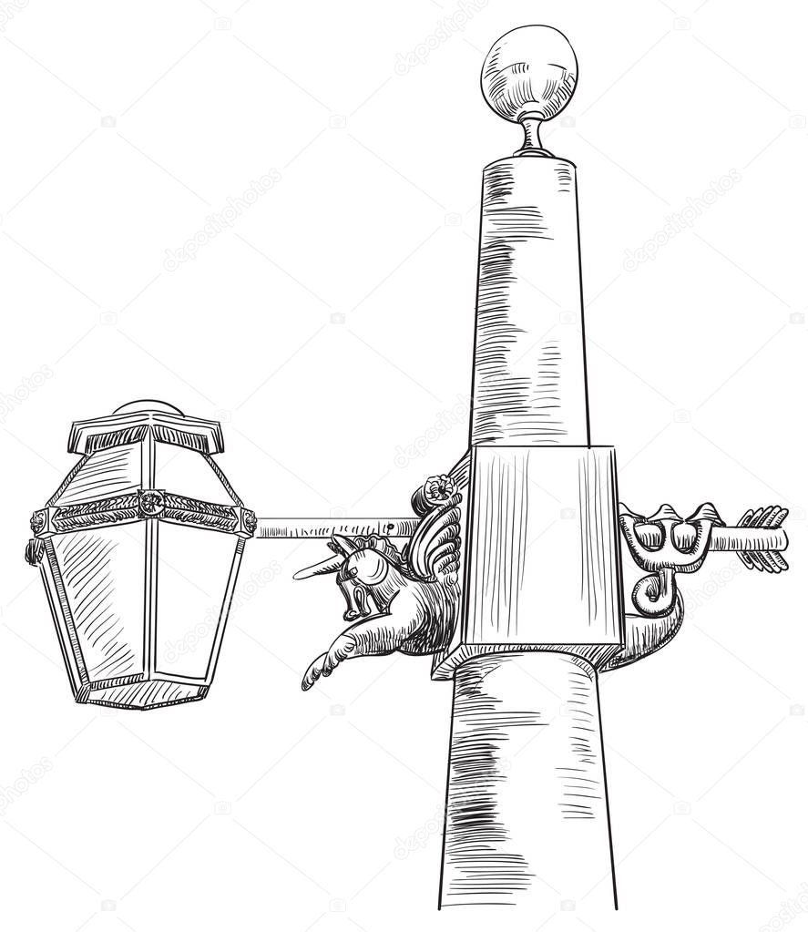 Hand drawing old street lamp with unicorn in Saint-Petersburg. Vector monochrome illustration in black color isolated on white background.