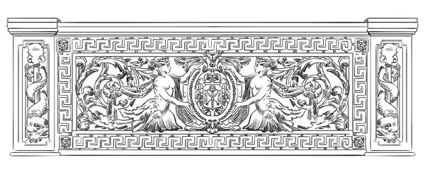 Antika Carving Botaniska Och Marina Vinjett Med Sjöjungfrur Från Liteyny — Stock vektor