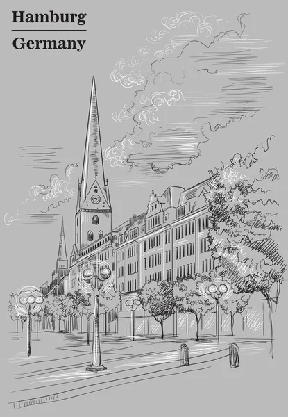 Hauptkirche 圣彼得教堂在德国汉堡的看法 汉堡的地标 基于灰色背景的黑白颜色矢量手绘插图 — 图库矢量图片