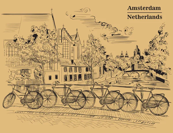 Fietsen Brug Grachten Van Amsterdam Nederland Mijlpaal Van Nederland Hand — Stockvector