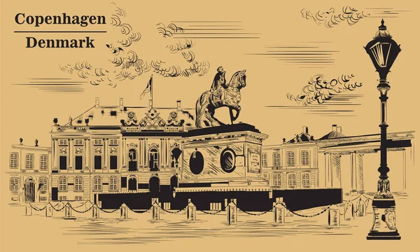 Plaza Amalienborg Copenhague Dinamarca Monumento Histórico Dinamarca Ilustración Dibujo Mano — Vector de stock